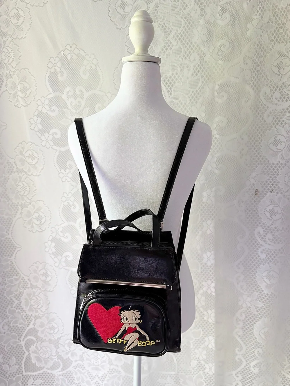 Vintage Betty Boop Mini Convertible Backpack Purse Y2K Black Faux Leather Bag